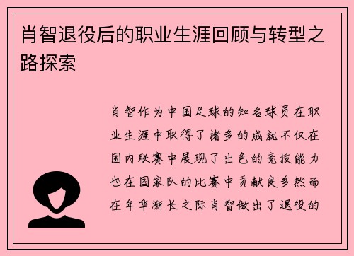 肖智退役后的职业生涯回顾与转型之路探索