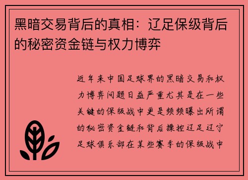 黑暗交易背后的真相:辽足保级背后的秘密资金链与权力博弈 黑暗交易背后的真相:辽足保级背后的秘密资金链与权力博弈